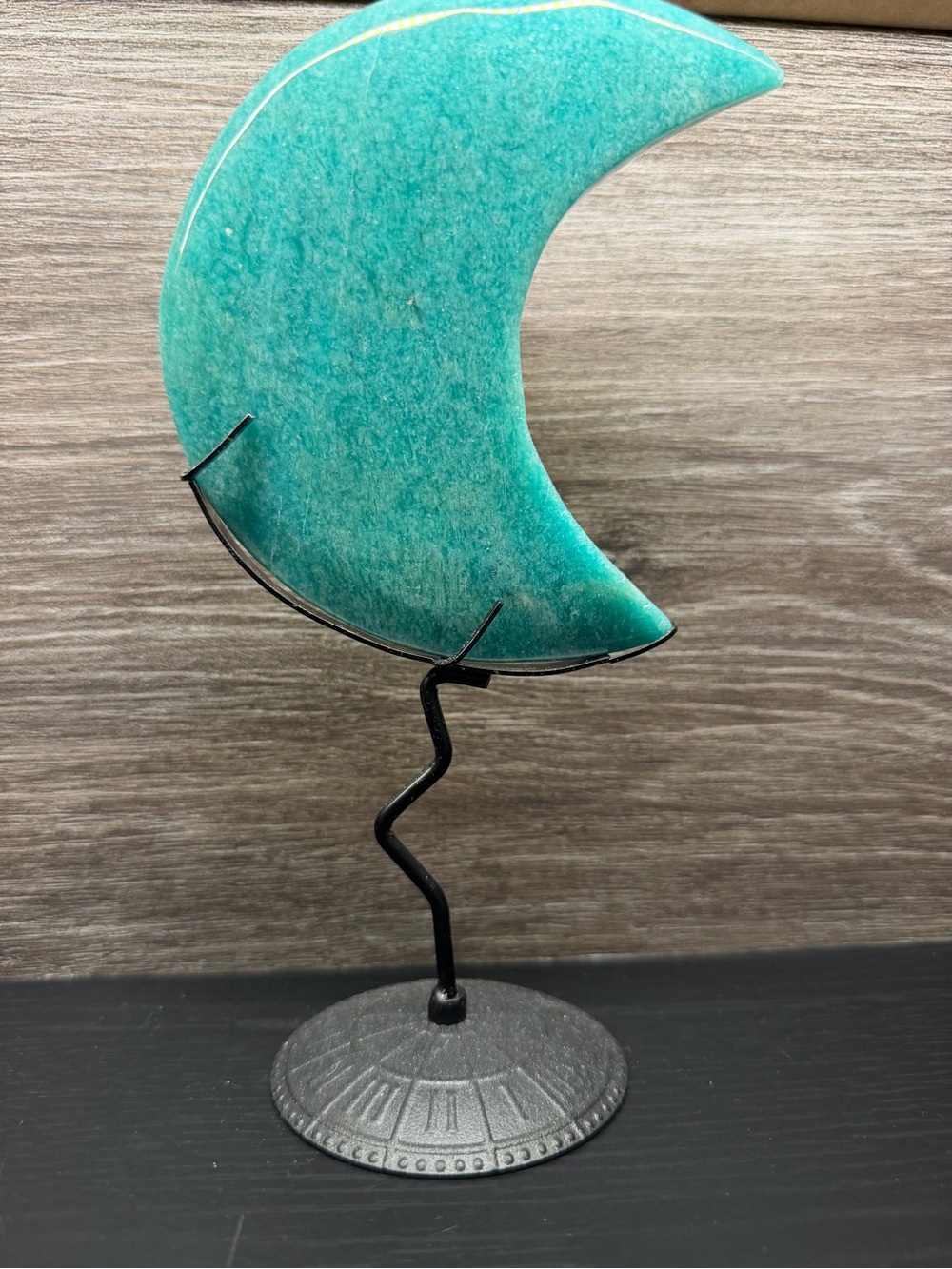 Amazonite Crystal Crescent Moon Carving On Black Stand